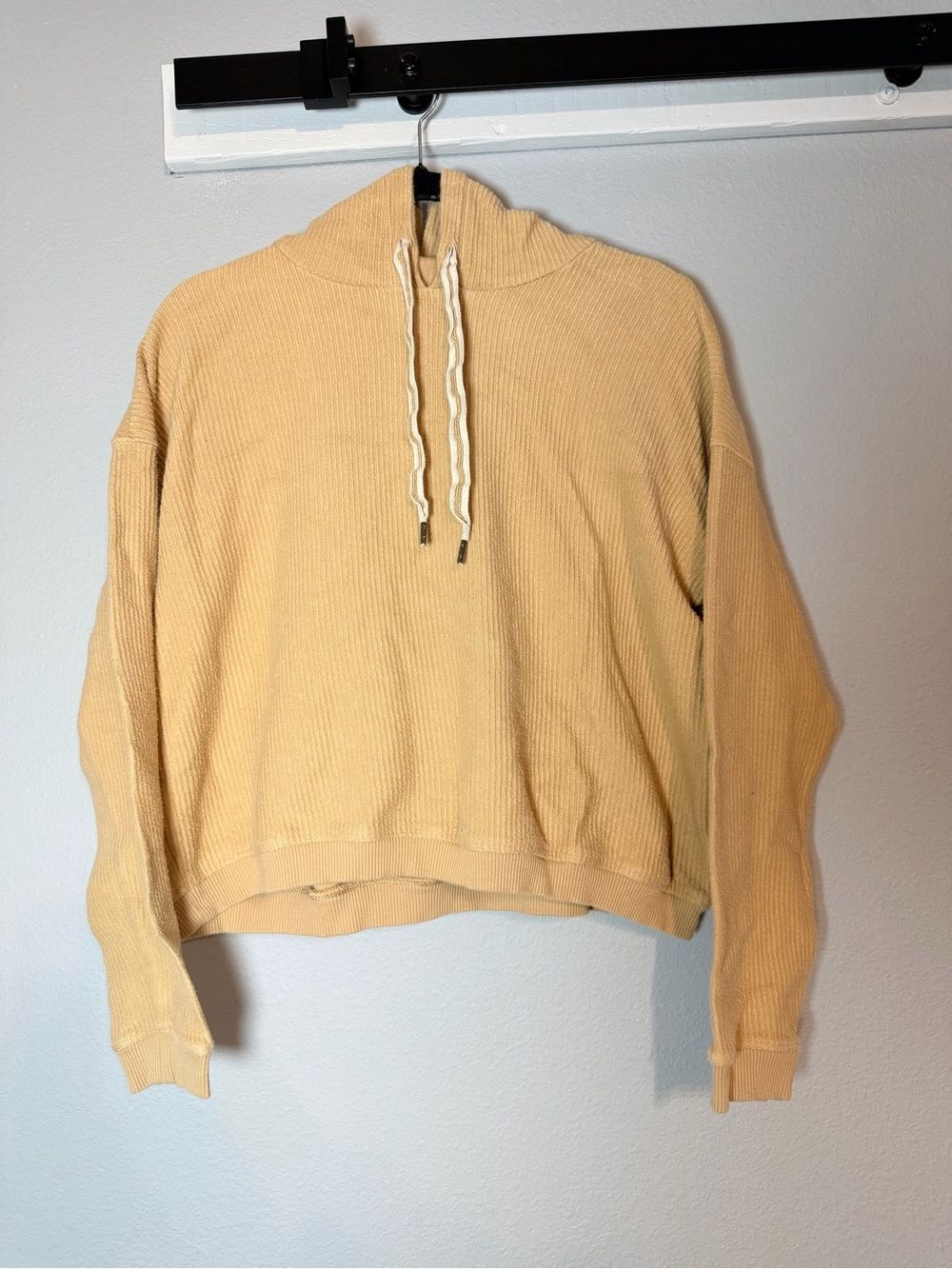 Aerie Ribbed Cropped Hoodie Sweatshirt Small Tan Cotton